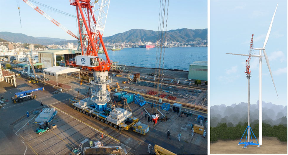 自走式多軸台車を用いたクスポーツベット 市場規模ン移送試験（左）、風車組立イメージ（右）