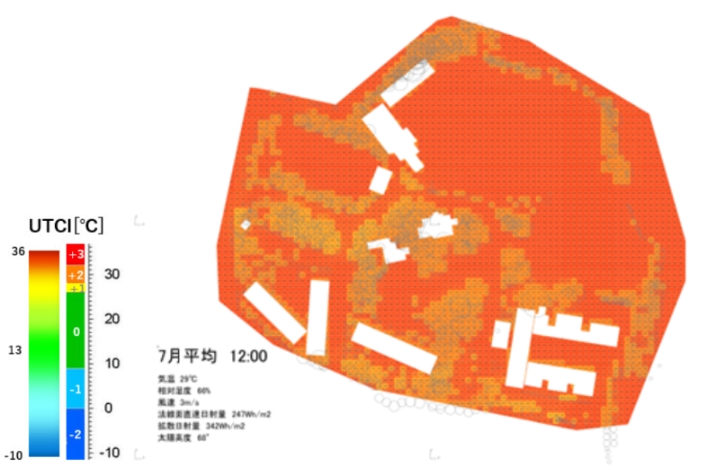 ７月平均の12時の屋外快適性（UTCI） 木の陰や風が抜ける場所も暑いという結果に。