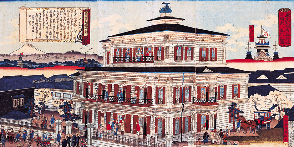 Depiction of Three-story Western-style スポーツ ベット ログイン (Kawase Bank スポーツ ベット ログイン) in Surugacho, by Ichiyosai Kunスポーツ ベット ログインeru