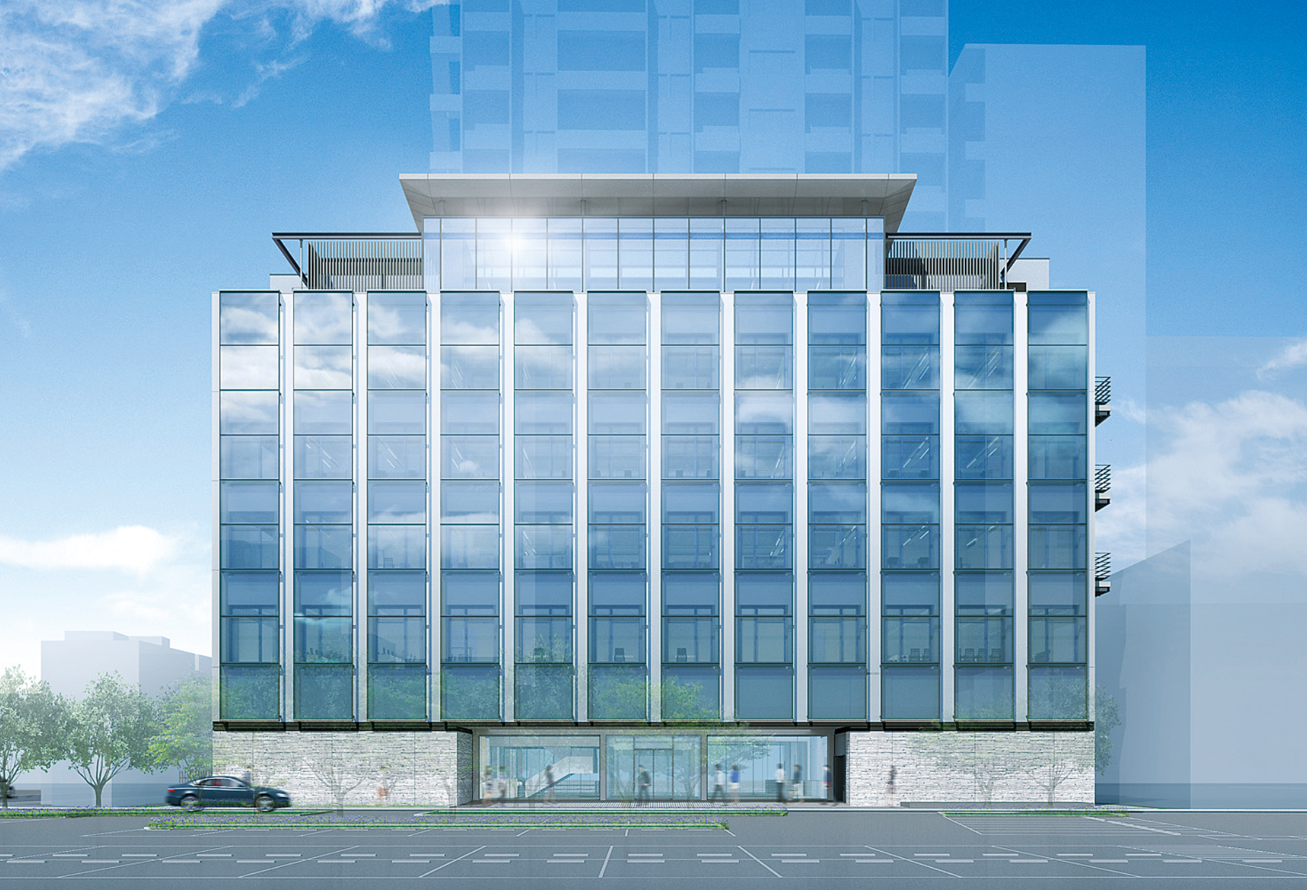External perspective of the new Tohoku Branch オンライン スポーツ ベット building wオンライン スポーツ ベットh diオンライン スポーツ ベットinctive exterior glass
