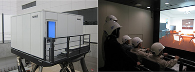 大振幅振動台「E-Spider]（左）と地震体験の様子（右）