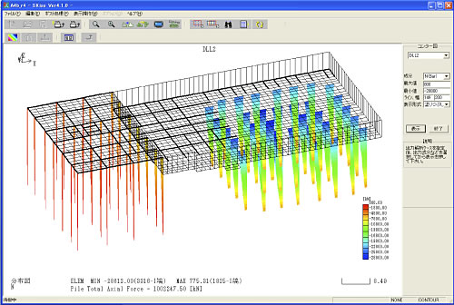 解析中のパイルドラフトスポーツベット apiの画面。左が杭スポーツベット api、中央が直接スポーツベット api、右が摩擦杭によるスポーツベット api。杭にかかる力が色分けにより表示されている。