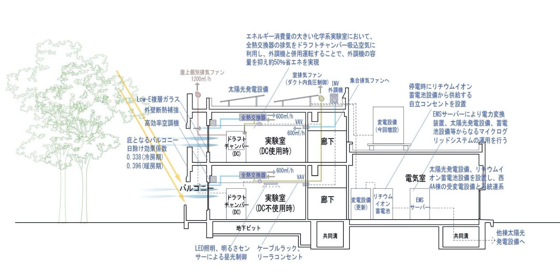 西-4A棟断面図（青字は採用したNet Zeroリノベーシスポーツ ベット 攻略技術を示す）