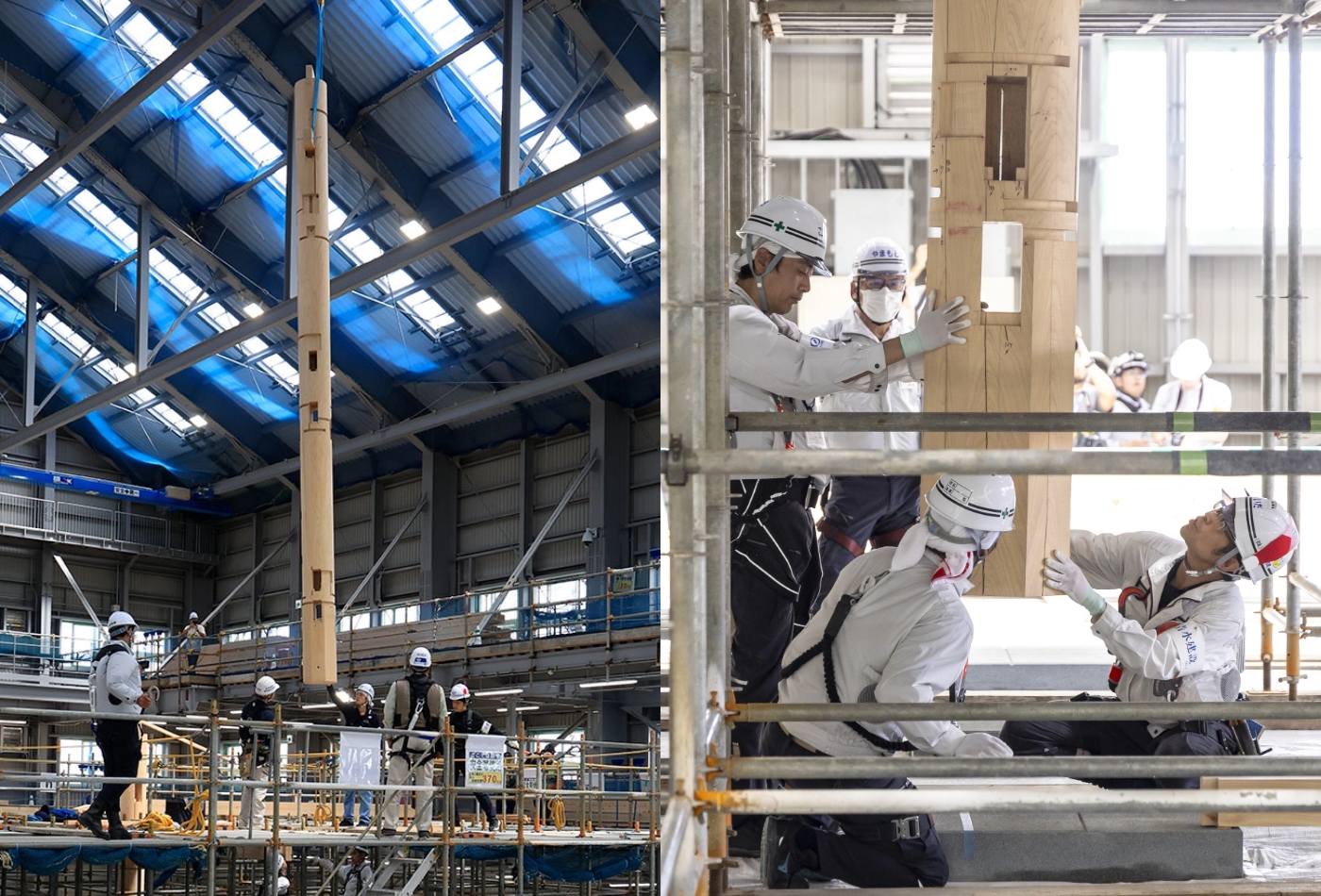 スポーツベット喜ぶの1本目のヒノキ柱が立て込まれる様子